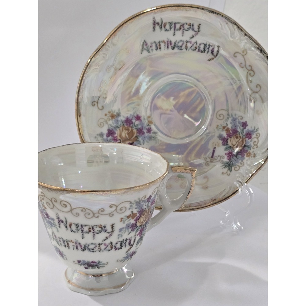 Vintage Norleans Japan Porcelain‎ Cup & Saucer Set Happy Anniversary Lusterware
